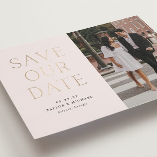 This is a natural foil stamped save the date cards with foil pressed by Vanessa Doyle called soon to wed printing on recycled smooth signature in grand