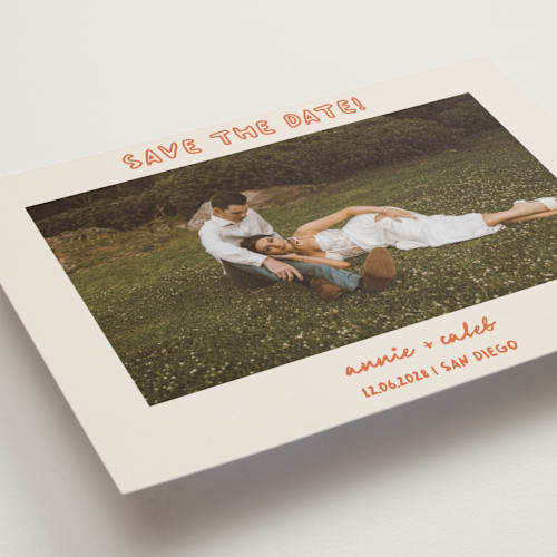 This is a hibiscus save the date with standard by Stephanie Heinrich Godbout called modern outline printing on recycled smooth signature in grand