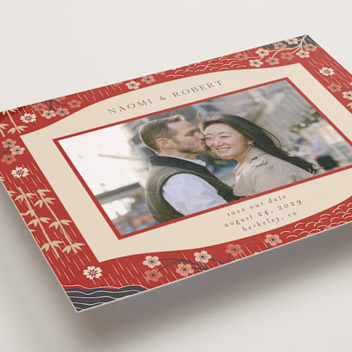 This is a rose save the date with standard by Jennifer Holbrook called japanese textile printing on recycled smooth signature in grand