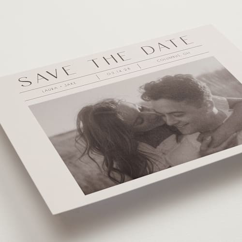 This is a mist save the date with standard by Christy Hy Lee called you and me printing on recycled smooth signature in grand
