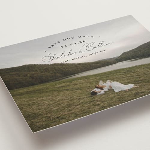 This is a onyx save the date with standard by Erica Krystek called arched type printing on recycled smooth signature in grand