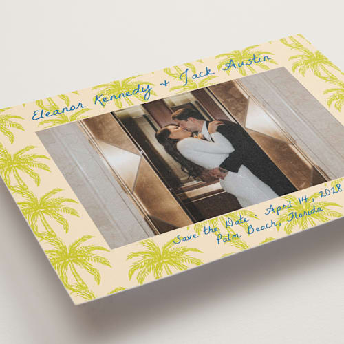 This is a limon save the date with standard by Megan Davis called palm beach printing on recycled smooth signature in grand