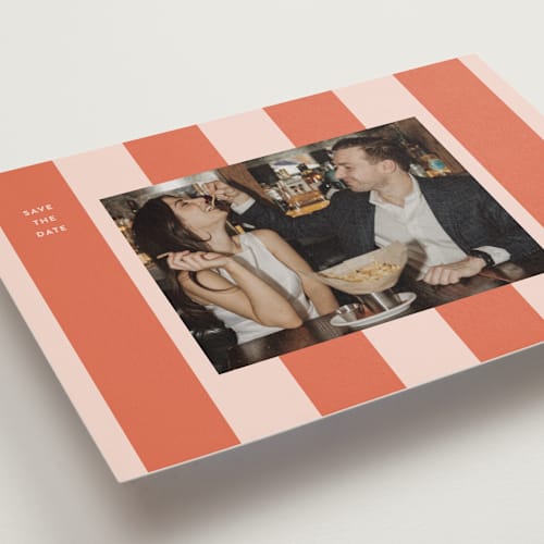This is a grapefruit save the date with standard by Megan Davis called aperitivo printing on recycled smooth signature in grand