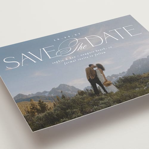 This is a pearl save the date with standard by Brooke Chandler called novella printing on recycled smooth signature in grand