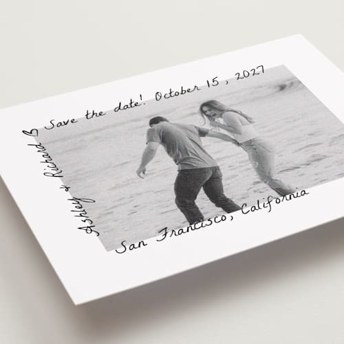 This is a graphite save the date with standard by Claudia Orengo called showered printing on recycled smooth signature in grand