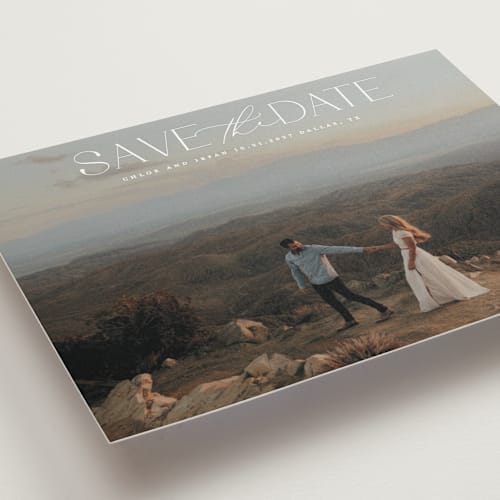 This is a ivory save the date with standard by Maja Cunningham called prose printing on recycled smooth signature in grand