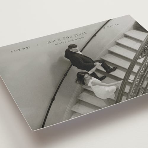 This is a noir save the date with standard by Tamara Hilje called in line printing on recycled smooth signature in grand