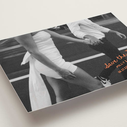 This is a tangerine save the date with standard by Jelena Vuletic called imprint printing on recycled smooth signature in grand
