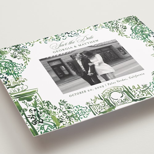 This is a sap save the date with standard by Becky Nimoy called gates and pillars printing on recycled smooth signature in grand
