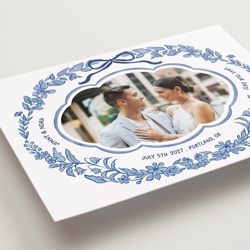 This is a porcelain save the date with standard by Elly called charm printing on recycled smooth signature in grand