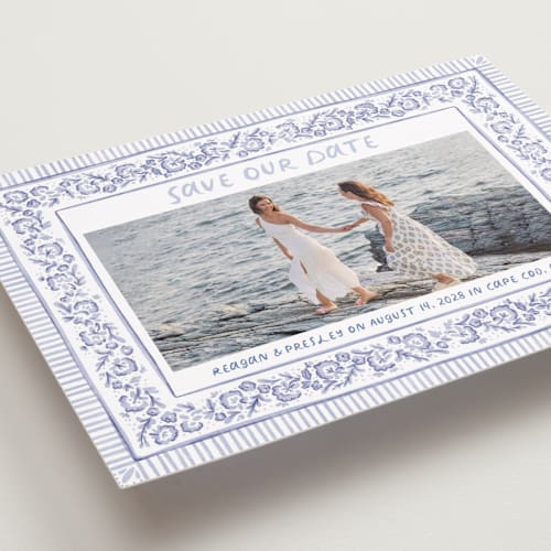 This is a cerulean save the date with standard by Jenna Holcomb called provincial printing on recycled smooth signature in grand