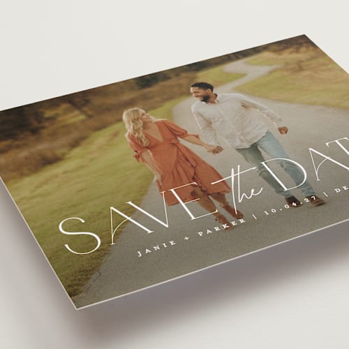 This is a pearl save the date with standard by Jessica Corliss called simple elegance printing on recycled smooth signature in grand