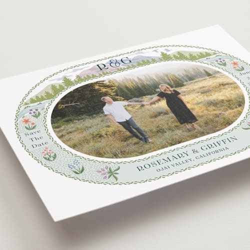 This is a pine save the date with standard by Paper Sun Studio called river valley printing on recycled smooth signature in grand