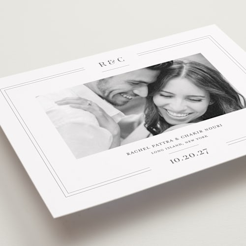 This is a mocha save the date with standard by Meagan Christensen called alcott printing on recycled smooth signature in grand