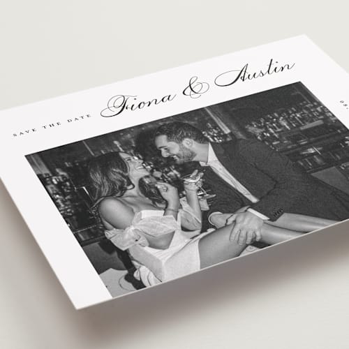 This is a onyx save the date with standard by Michelle Taylor called lovely day printing on recycled smooth signature in grand