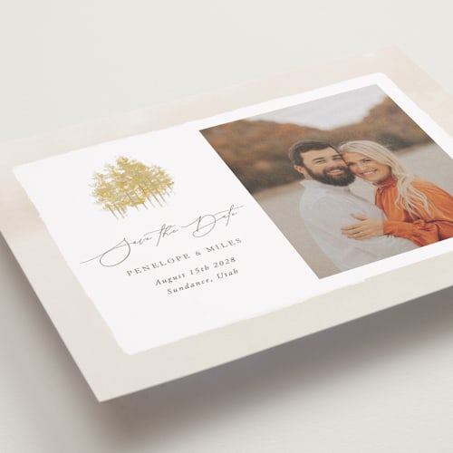 This is a natural save the date with standard by Robert and Stella called aspen printing on recycled smooth signature in grand