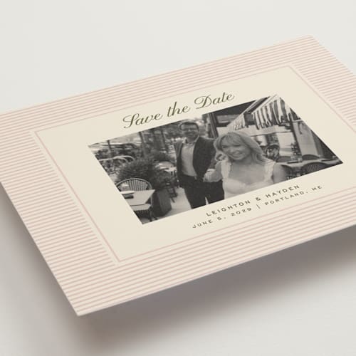 This is a blush save the date with standard by Ellen Schlegelmilch called hayden printing on recycled smooth signature in grand