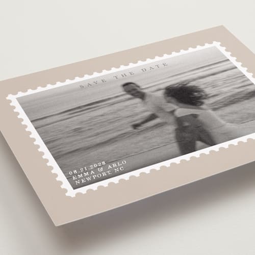 This is a taupe save the date with standard by Claire called stamp printing on recycled smooth signature in grand
