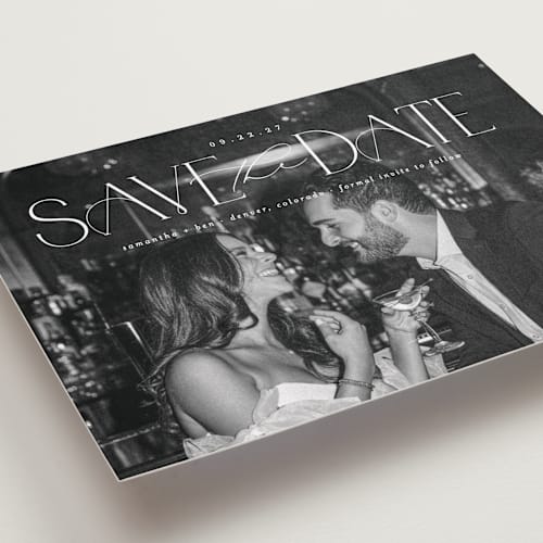 This is a pearl save the date with standard by Brooke Chandler called elegant fete printing on recycled smooth signature in grand