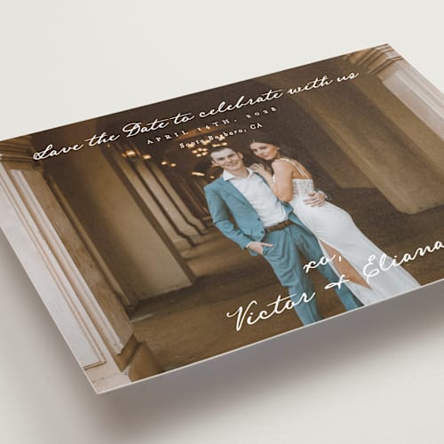 This is a ivory save the date with standard by Alethea and Ruth called celebration xo printing on recycled smooth signature in grand