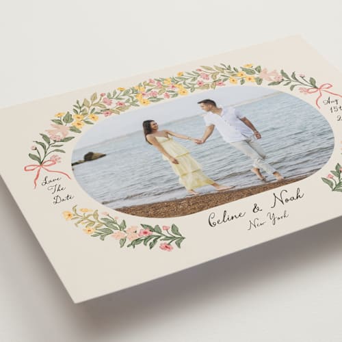 This is a spring save the date with standard by Elly called spring printing on recycled smooth signature in grand