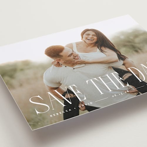 This is a cloud save the date with standard by JoAnn Jinks called headlined printing on recycled smooth signature in grand