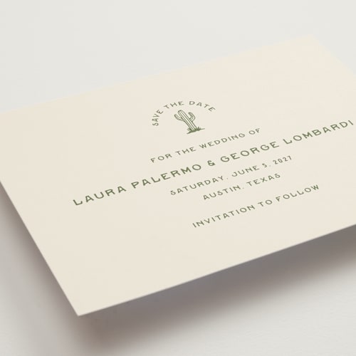 This is a agave save the date with standard by Megan Davis called pearl snap printing on signature in grand