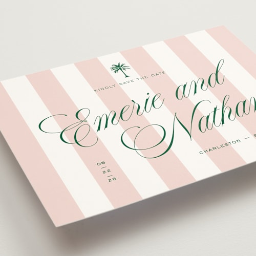 This is a taffy save the date with standard by Susan Zinader called palm stripes printing on signature in grand