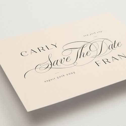 This is a blush save the date with standard by Lori Wemple called soiree printing on signature in grand