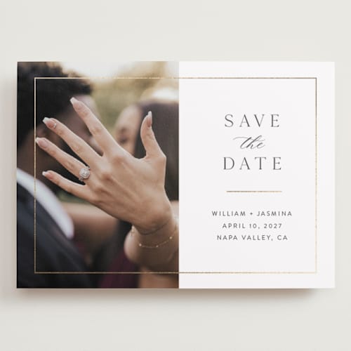 This is a cloud foil stamped save the date cards with foil pressed by Christie Garcia called classico printing on recycled smooth signature in grand
