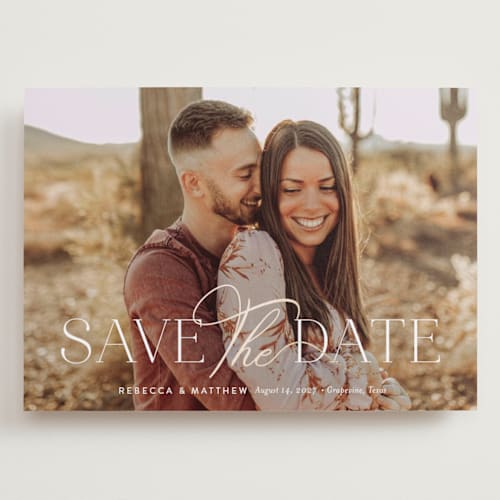 This is a sugar foil stamped save the date cards with foil pressed by Jessica Williams called enchanting printing on recycled smooth signature in grand