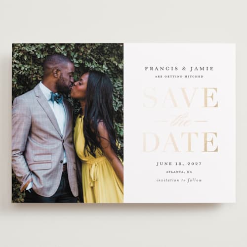 This is a gold giltz foil stamped save the date cards with foil pressed by Stacey Meacham called simply striking printing on recycled smooth signature in grand