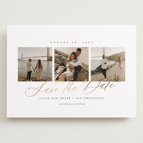 This is a pearl foil stamped save the date cards with foil pressed by Sarah Brown called topside printing on recycled smooth signature in grand
