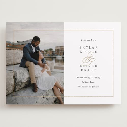 This is a sugar foil stamped save the date cards with foil pressed by Jessica Williams called bianca printing on recycled smooth signature in grand
