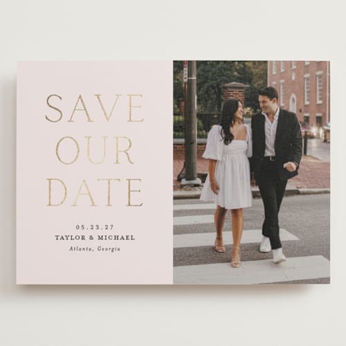 This is a natural foil stamped save the date cards with foil pressed by Vanessa Doyle called soon to wed printing on recycled smooth signature in grand