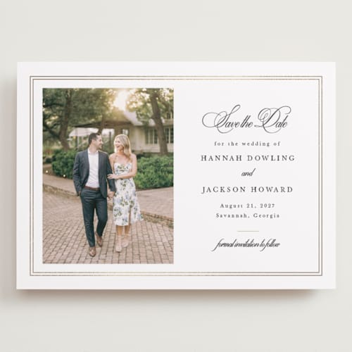This is a snow foil stamped save the date cards with foil pressed by Sarah Brown called traditionally printing on recycled smooth signature in grand