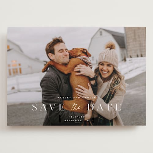 This is a cloud save the date with standard by Sara Hicks Malone called modern stencil printing on recycled smooth signature in grand