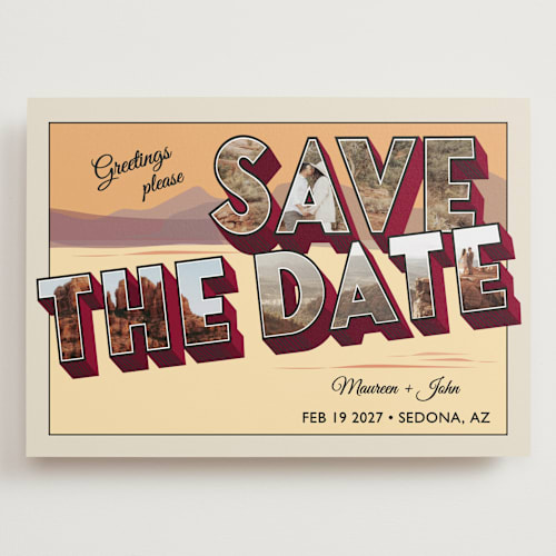 This is a sunset save the date with standard by Ashley Bird called a retro save the date printing on recycled smooth signature in grand