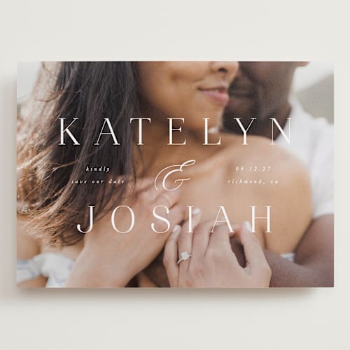 This is a veil save the date with standard by Brandy Folse called typographic overlay printing on recycled smooth signature in grand