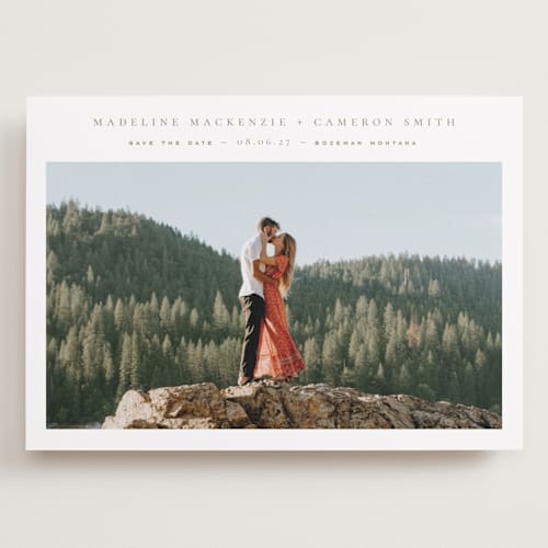 This is a eucalyptus save the date with standard by Wildfield Paper Co called lake printing on recycled smooth signature in grand