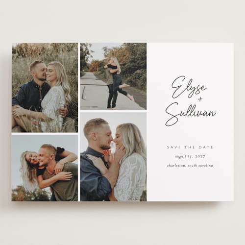 This is a sugar save the date with standard by Jessica Williams called bookmarked printing on recycled smooth signature in grand