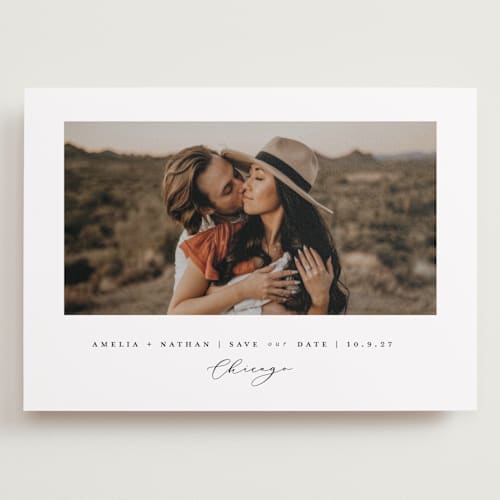 This is a feather save the date with standard by Snow and Ivy called ever printing on recycled smooth signature in grand