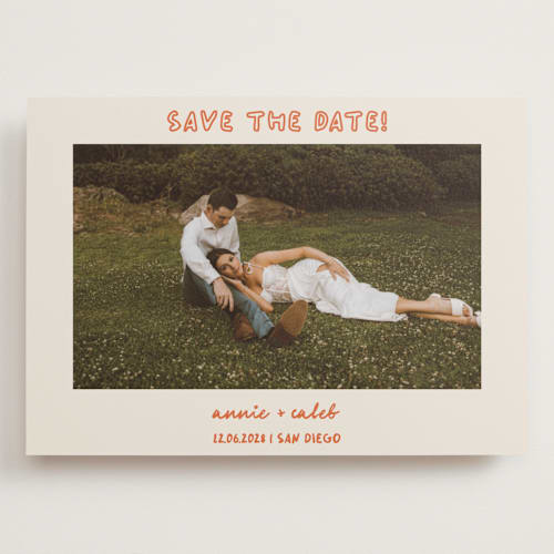 This is a hibiscus save the date with standard by Stephanie Heinrich Godbout called modern outline printing on recycled smooth signature in grand