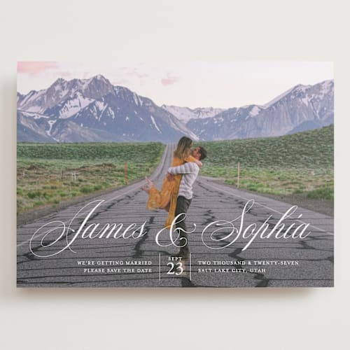This is a linen save the date with standard by Erin Deegan called i thee wed printing on recycled smooth signature in grand