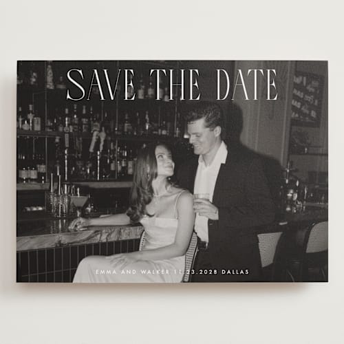 This is a snow save the date with standard by Maja Cunningham called classic timeless printing on recycled smooth signature in grand