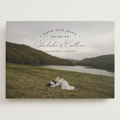 This is a onyx save the date with standard by Erica Krystek called arched type printing on recycled smooth signature in grand