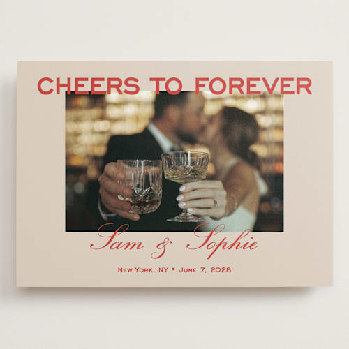 This is a tomato save the date with standard by Sydney Kay called bold cheers printing on recycled smooth signature in grand