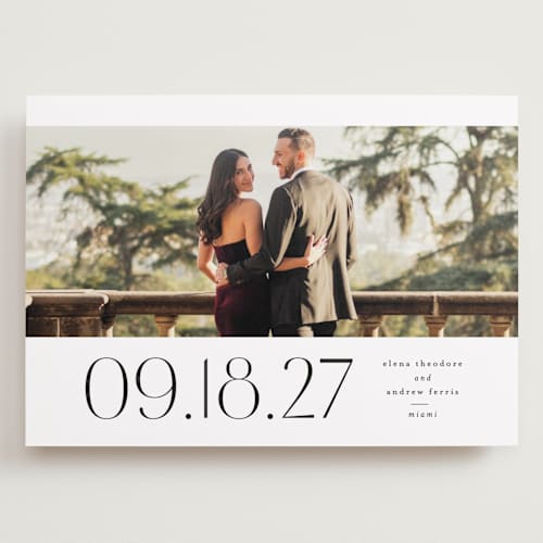 This is a tux save the date with standard by Lea Delaveris called heights printing on recycled smooth signature in grand