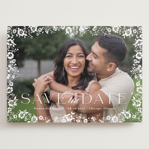 This is a snow save the date with standard by Angela Marzuki called meander printing on recycled smooth signature in grand