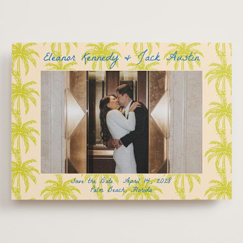This is a limon save the date with standard by Megan Davis called palm beach printing on recycled smooth signature in grand